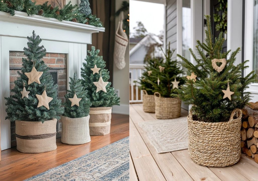 Mini &aacute;rvores de Natal com decora&ccedil;&atilde;o r&uacute;stica e minimalista