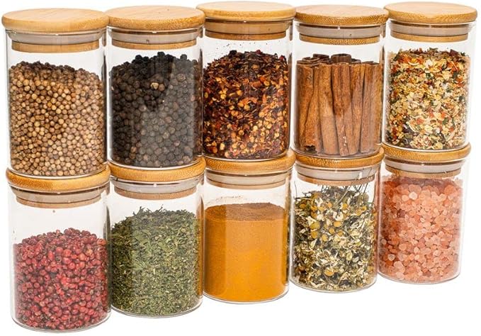 Dez potes harméticos de vidro com tampa redonda de bambu