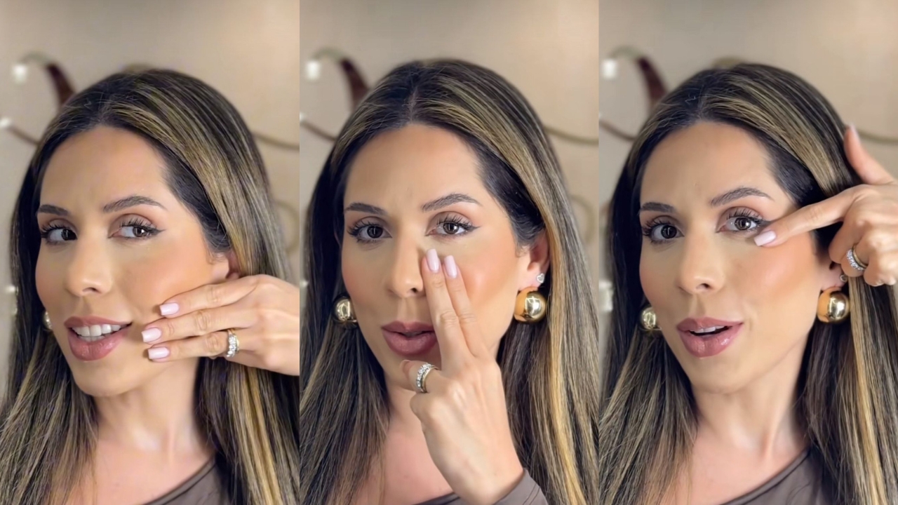 tr&ecirc;s fotos da mesma mulher fazendo sinais com os dedos no rosto. Na primeira, colocando 3 dedos em cima do maxilar, na segunda, dois dedos ao lado do nariz, e na terceira, um dado abaixo do olho.