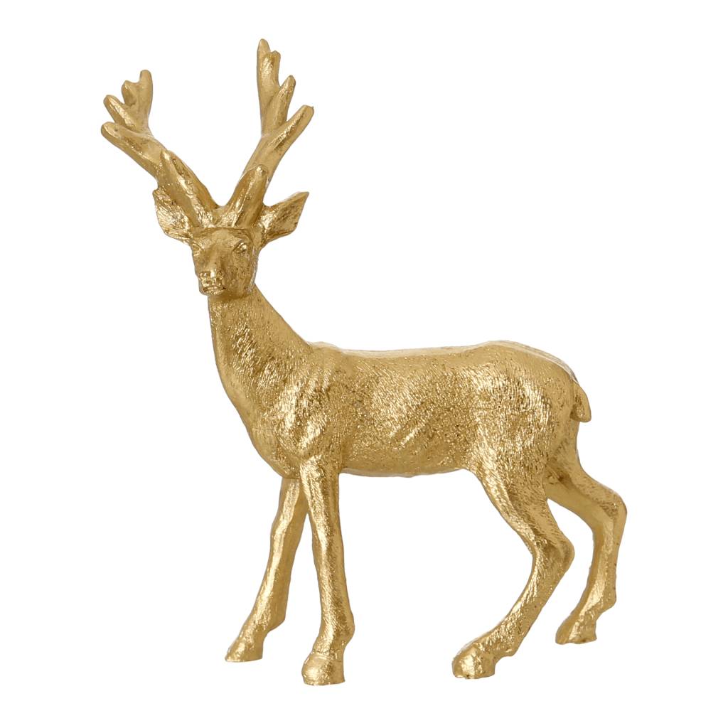 Escultura decorativa de rena dourada da Tok&Stok, peça natalina da linha de enfeites acessíveis da marca. Item integra a seleção de pequenos acessórios para decoração de Natal disponível nas lojas da rede em São Paulo