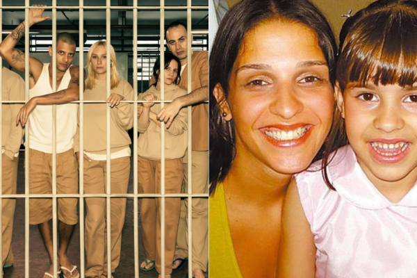 Montagem com duas imagens: à esquerda, atores caracterizados como presos na série Tremembé, posicionados atrás das grades; à direita, foto de Ana Carolina Oliveira sorrindo ao lado de sua filha Isabella Nardoni, ainda criança