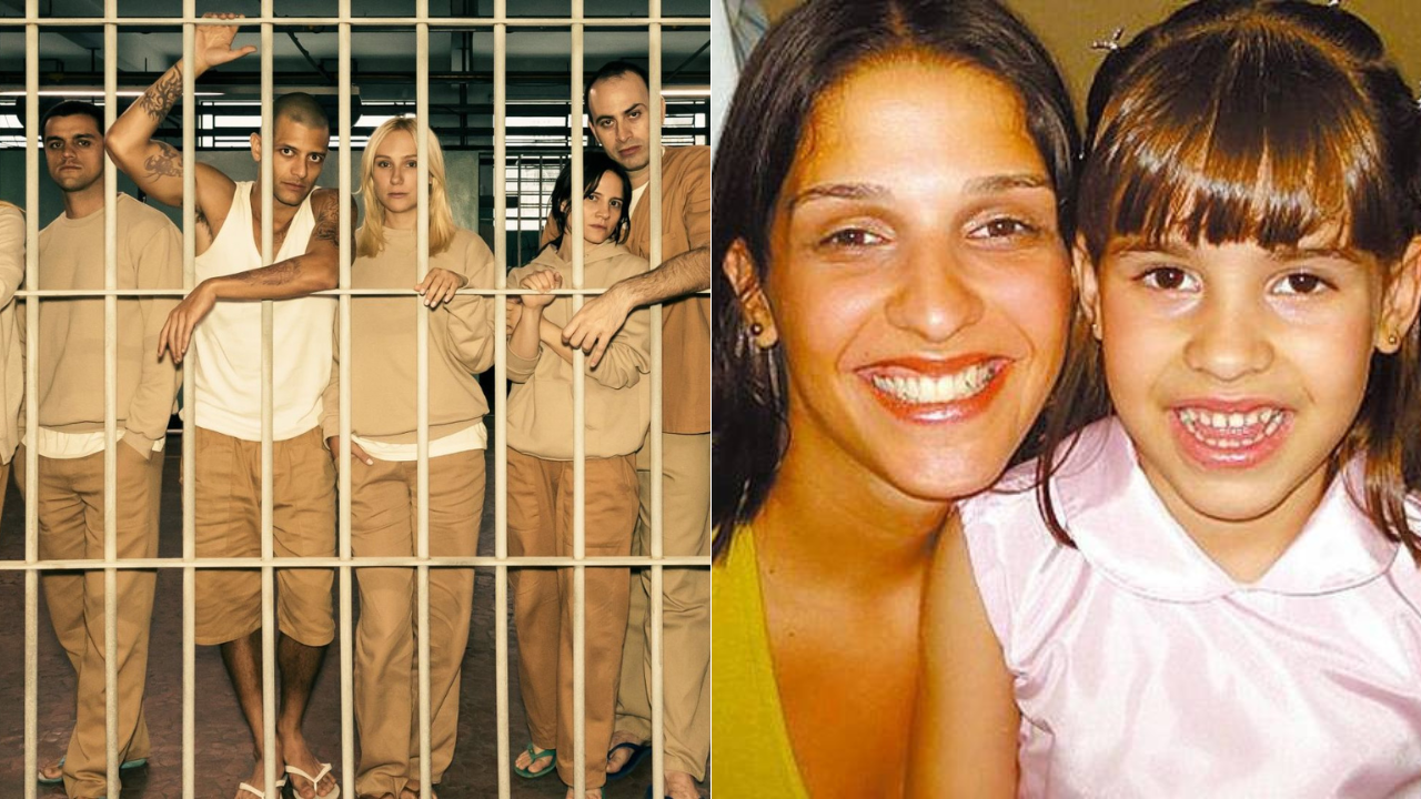 Montagem com duas imagens: à esquerda, atores caracterizados como presos na série Tremembé, posicionados atrás das grades; à direita, foto de Ana Carolina Oliveira sorrindo ao lado de sua filha Isabella Nardoni, ainda criança
