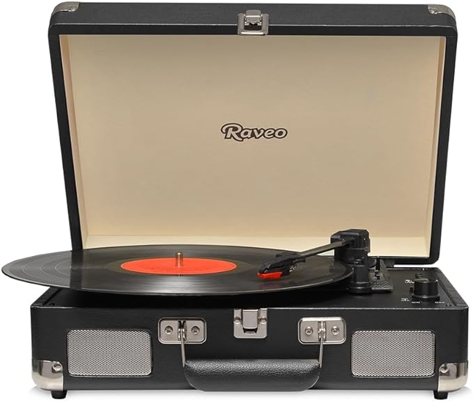 Vitrola preta aberta com disco de vinil tocando