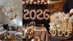 Decoração de réveillon 2026 com balões e enfeites dourados
