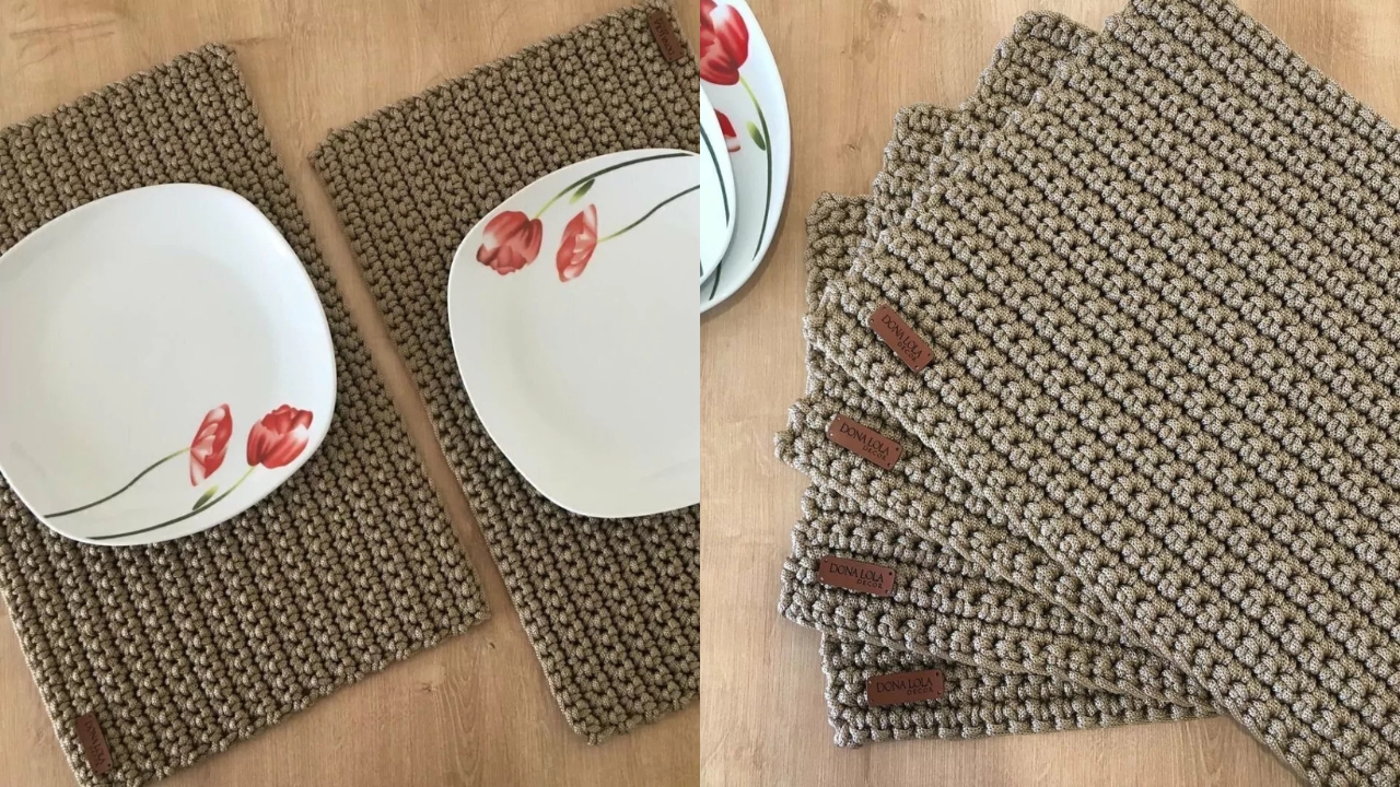 Jogos americanos de croch&ecirc; em formato retangular cinza