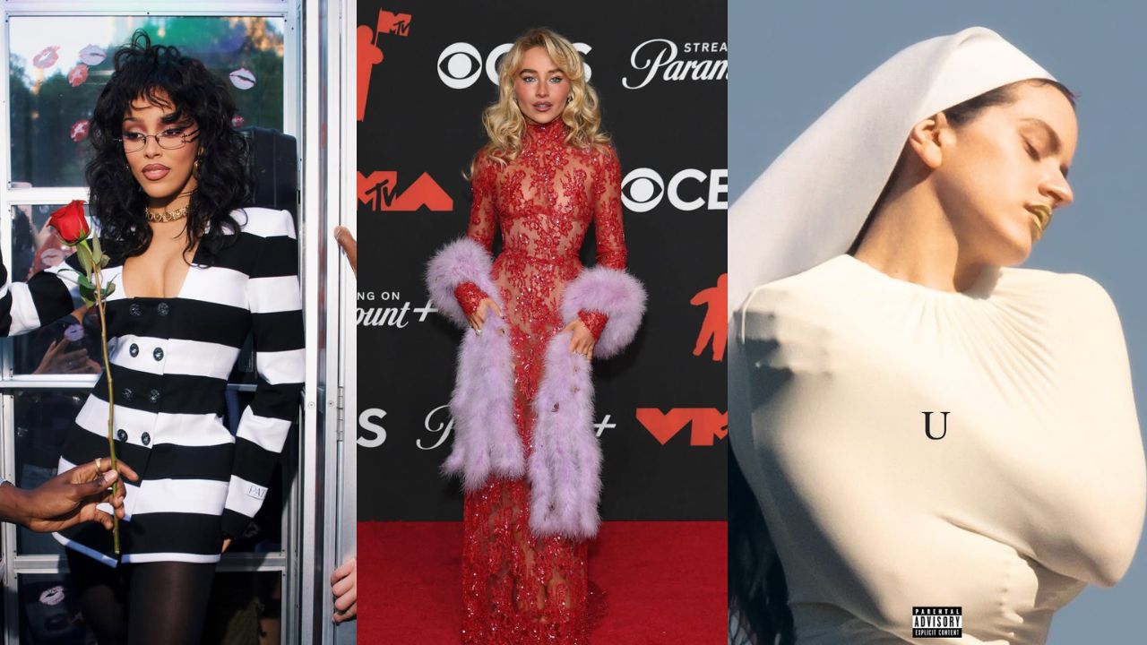 Imagem das cantoras Doja Cat, Sabrina Carpenter e Rosalía ilustrando os shows internacionais do Brasil
