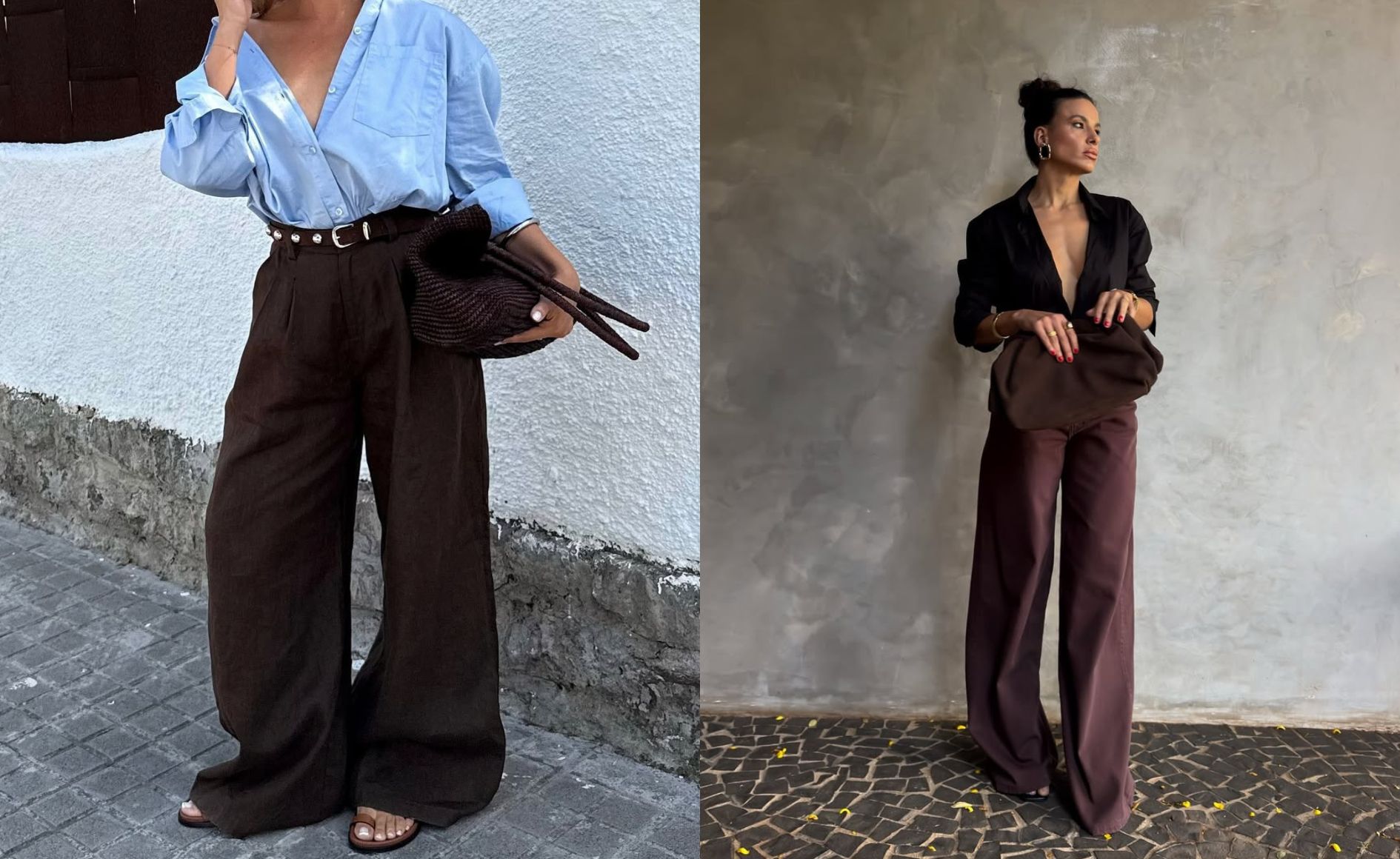 Colagem com duas fotos. A primeira mostra uma mulher usando um look composto por camisa azul, calça marrom e bolsa marrom. A segunda mostra uma mulher usando uma blusa decotada preta, calça marrom e bolsa marrom