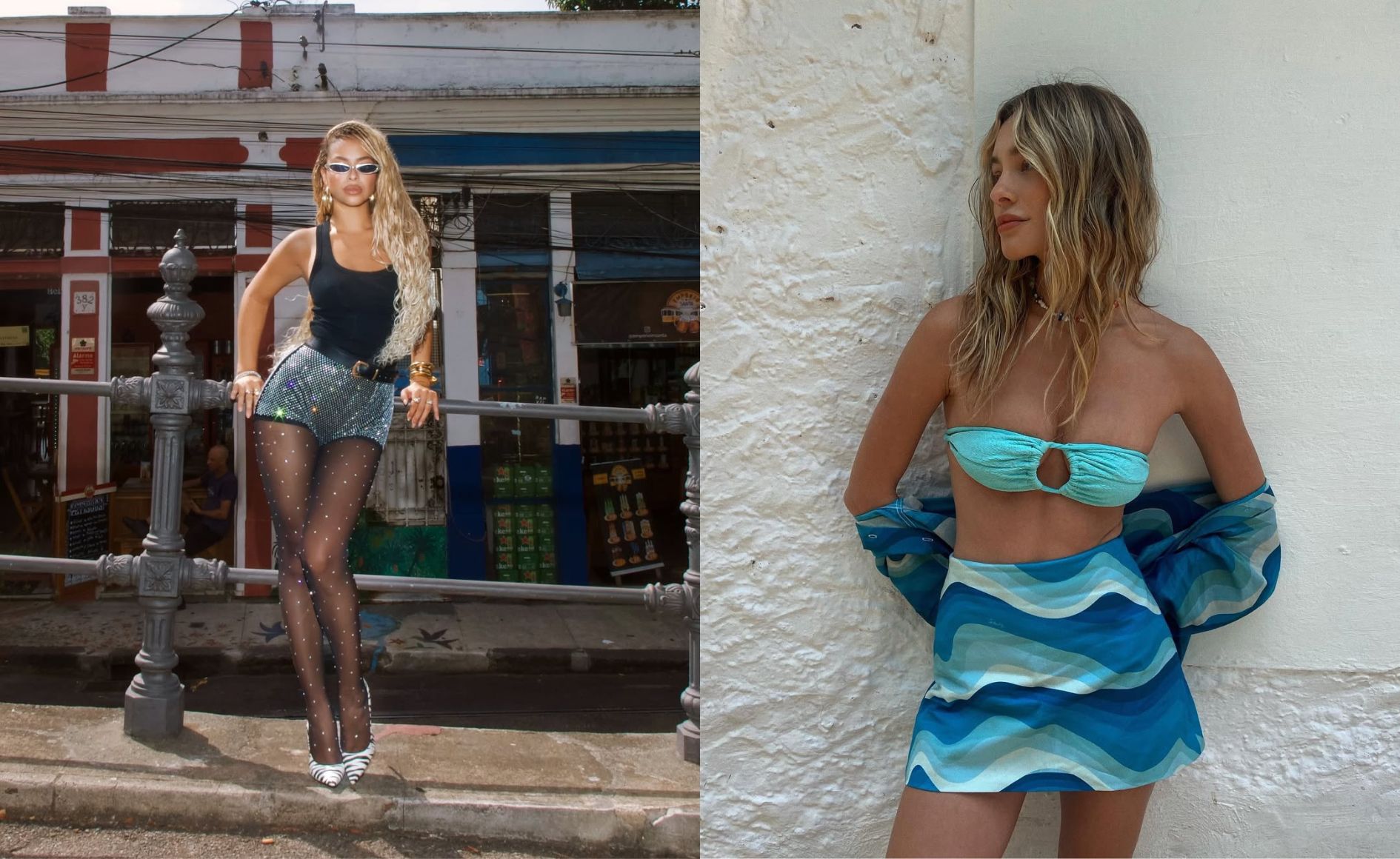 Colagem com duas fotos. A primeira é uma mulher negra, com cabelo loiro, usando um look composto por body preto, short cinza, meia-calça preta brilhantes, scarpin preto e branco e óculos de sol. A segunda é uma mulher loira usando um look composto por biquíni verde turquesa, minissaia azul e verde e colar