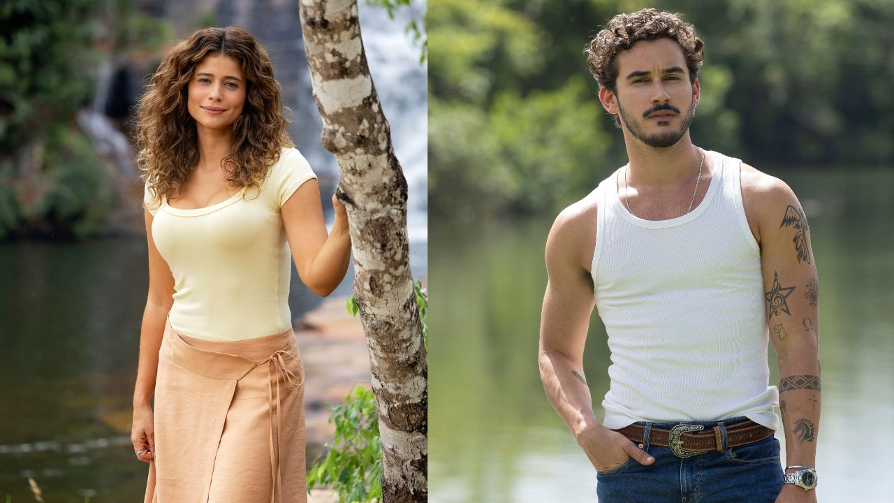 Cena da novela Coração Acelerado mostra Agrado e João Raul em momentos distintos à beira de um rio: ela aparece pensativa e sonhadora, enquanto ele surge confiante, refletindo o contraste entre a luta de Agrado e os desafios da ascensão de João Raul no capítulo 2 da trama.