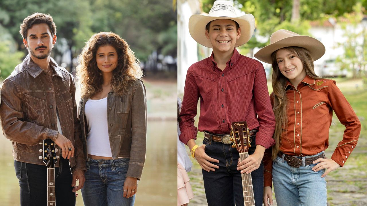 Montagem de Coração Acelerado mostra João Raul e Agrado com violão, destacando a reaproximação dos dois após o show no bar no capítulo 10 (22/01), enquanto duas crianças com traje country reforçam o clima musical e as lembranças que voltam à tona na trama.