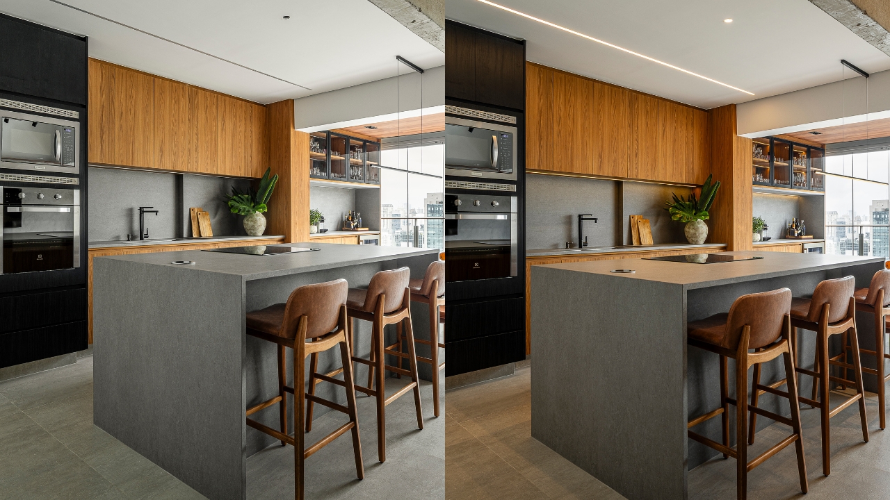 Antes e depois de cozinha com ilumina&ccedil;&atilde;o inteligente