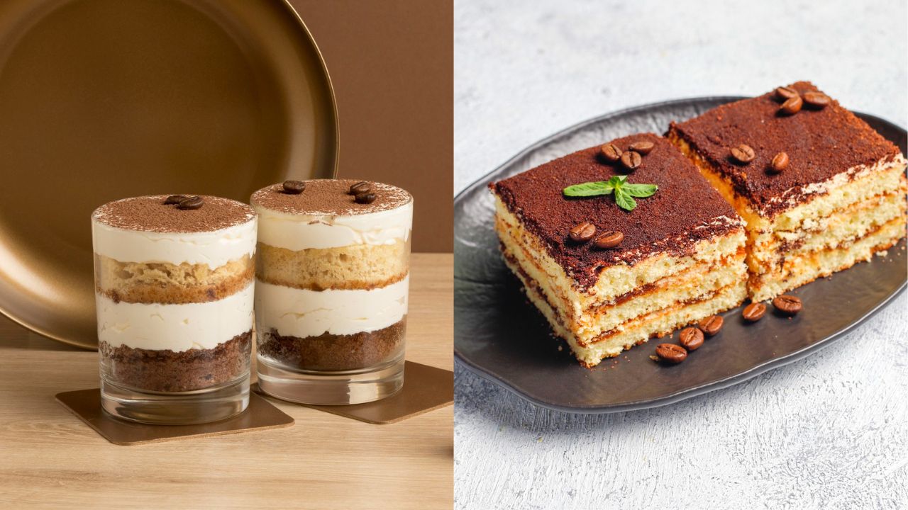 Montagem com duas imagens de bolo de pote e tiramisú representando sobremesas fitness preparadas com whey