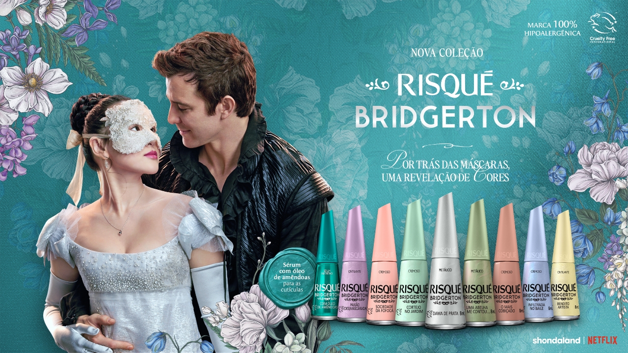 Capa de divulgação do lançamento da coleção de esmaltes inspirada em bridgerton
