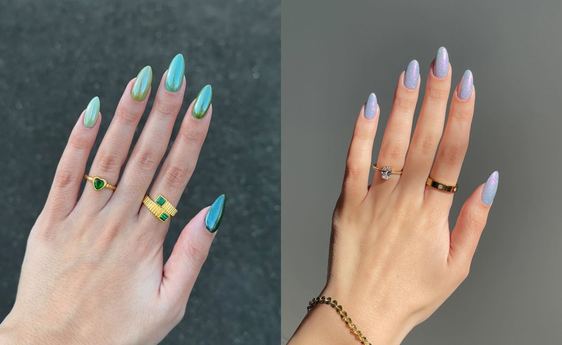 Colagem com duas fotos. A primeira mostra uma mão com as unhas coloridas de verde turquesa. A segunda mostra uma mão com as unhas coloridas de lilás