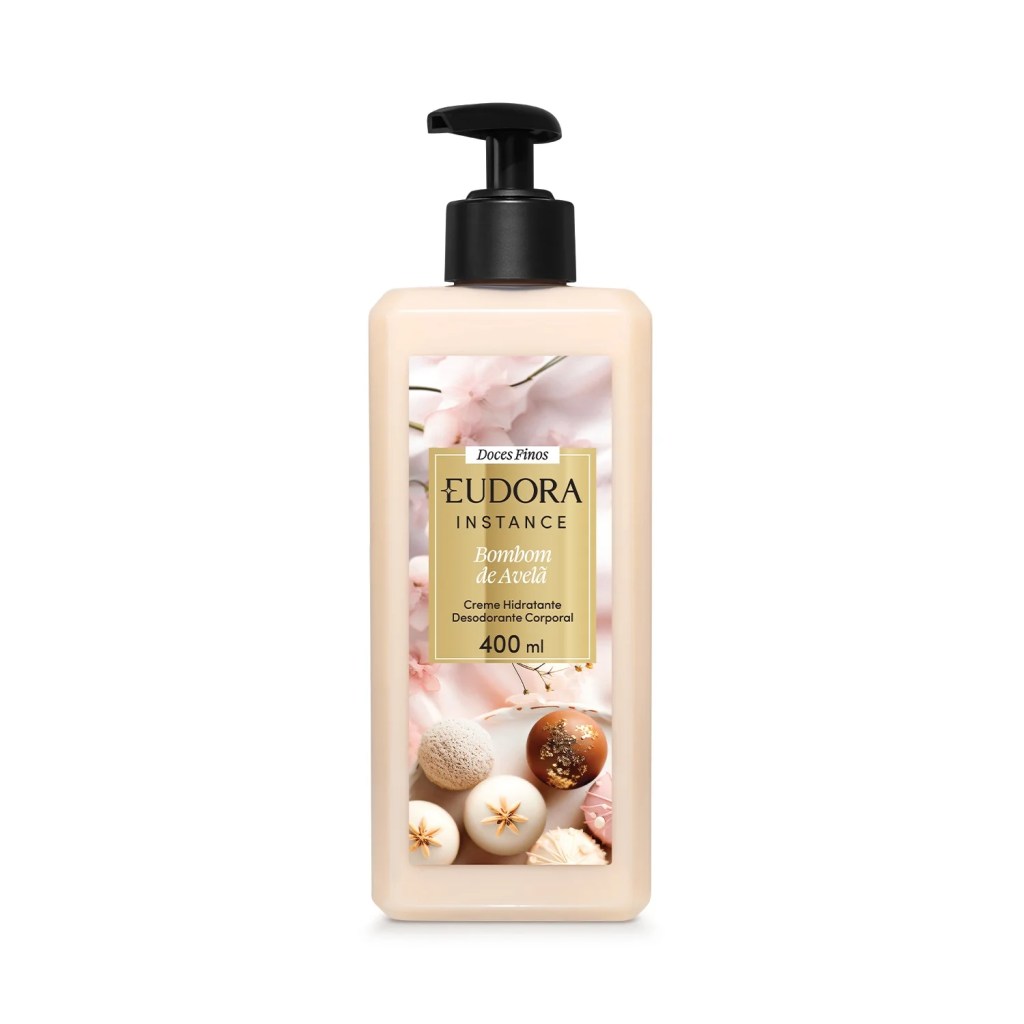 Creme hidratante corporal Eudora Instance Bombom de Avelã, com fragrância adocicada e hidratação intensa para o dia a dia.