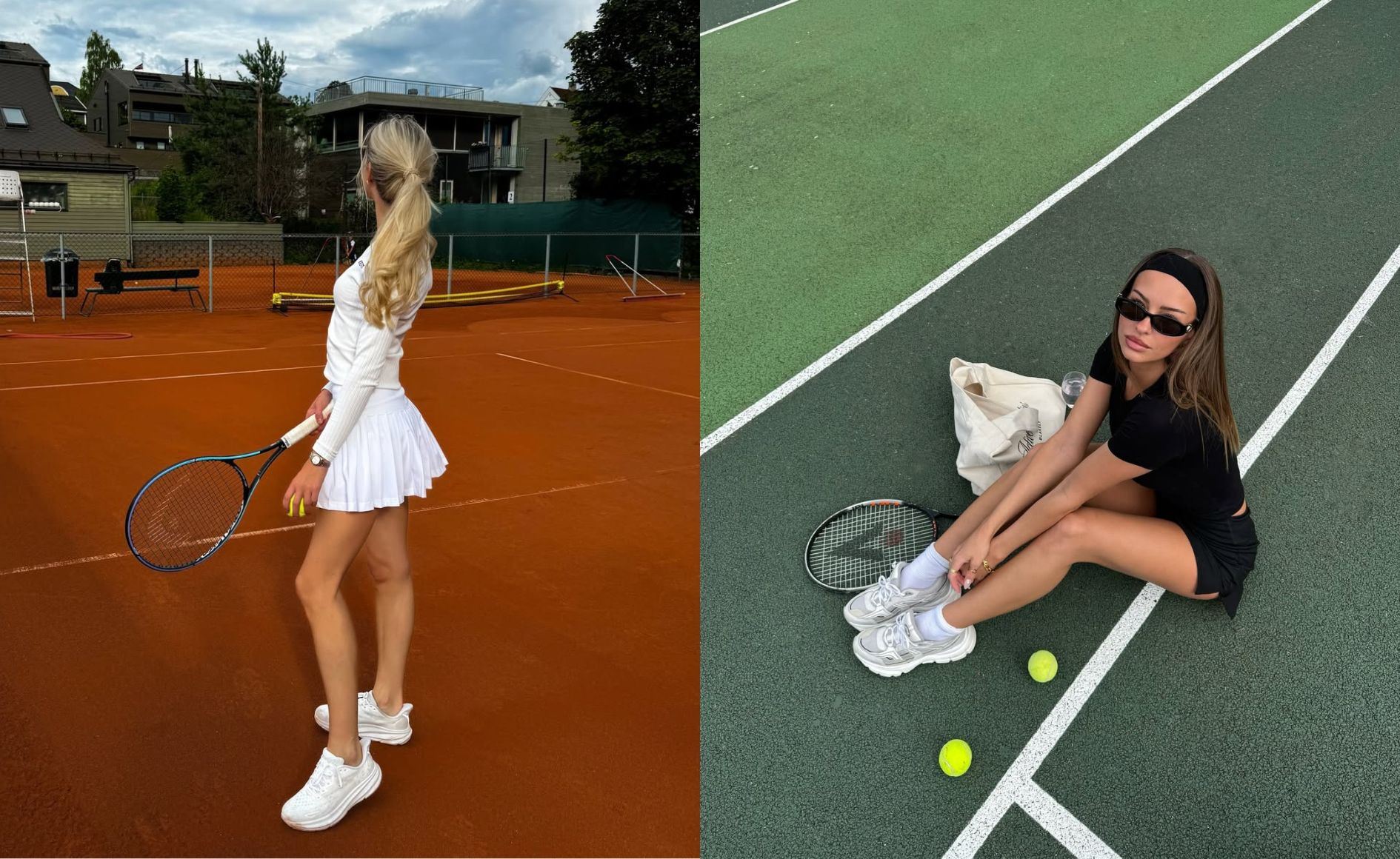 Colagem com duas fotos. A primeira mostra uma mulher loira usando um look composto por blusa de frio branca, saia plissada e tênis esportivo. A segunda mostra uma mulher morena usando um look composto por camiseta, short saia, tênis esportivo, faixa de cabeça e óculos de sol