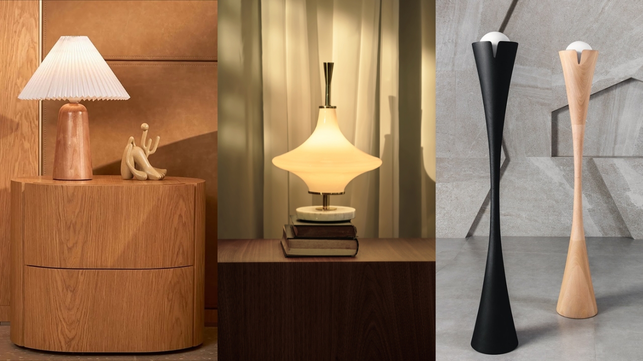 Três luminárias esculturais de diferentes formatos e tamanhos