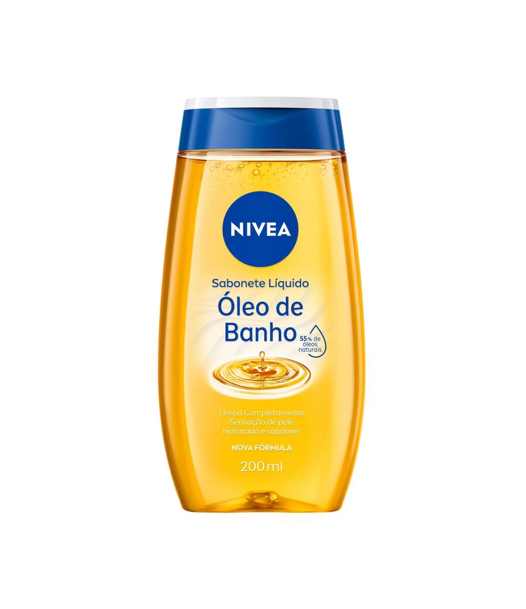 Sabonete líquido óleo de banho Nivea, indicado para pele seca, limpa suavemente e mantém hidratação durante o banho.