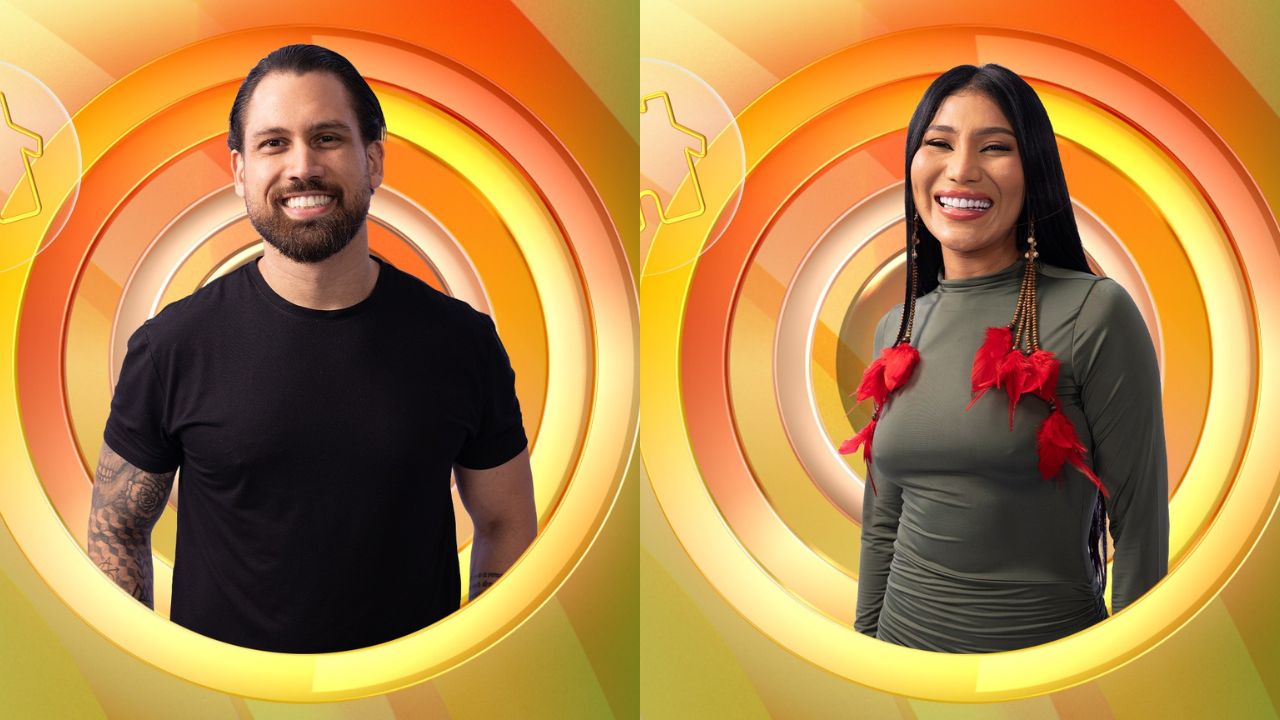BBB 26: Brígido (à esquerda) e Lívia (à direita), candidatos da Casa de Vidro da região Norte, aparecem em imagem promocional do programa.