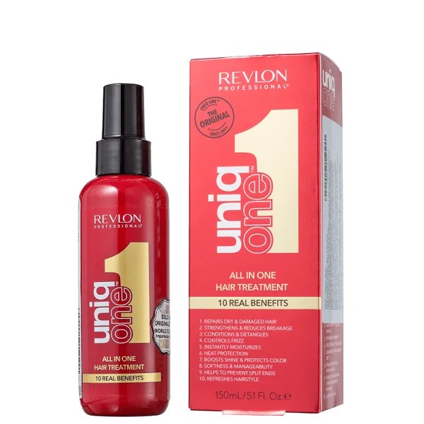 Leave-in capilar Revlon Uniq One, tratamento multifuncional com hidratação, controle de frizz e proteção térmica para todos os tipos de cabelo.