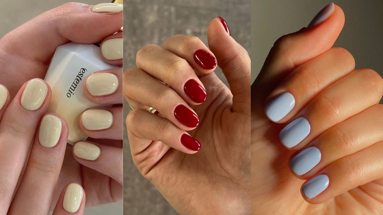 Três fotos de unhas curtas elegantes