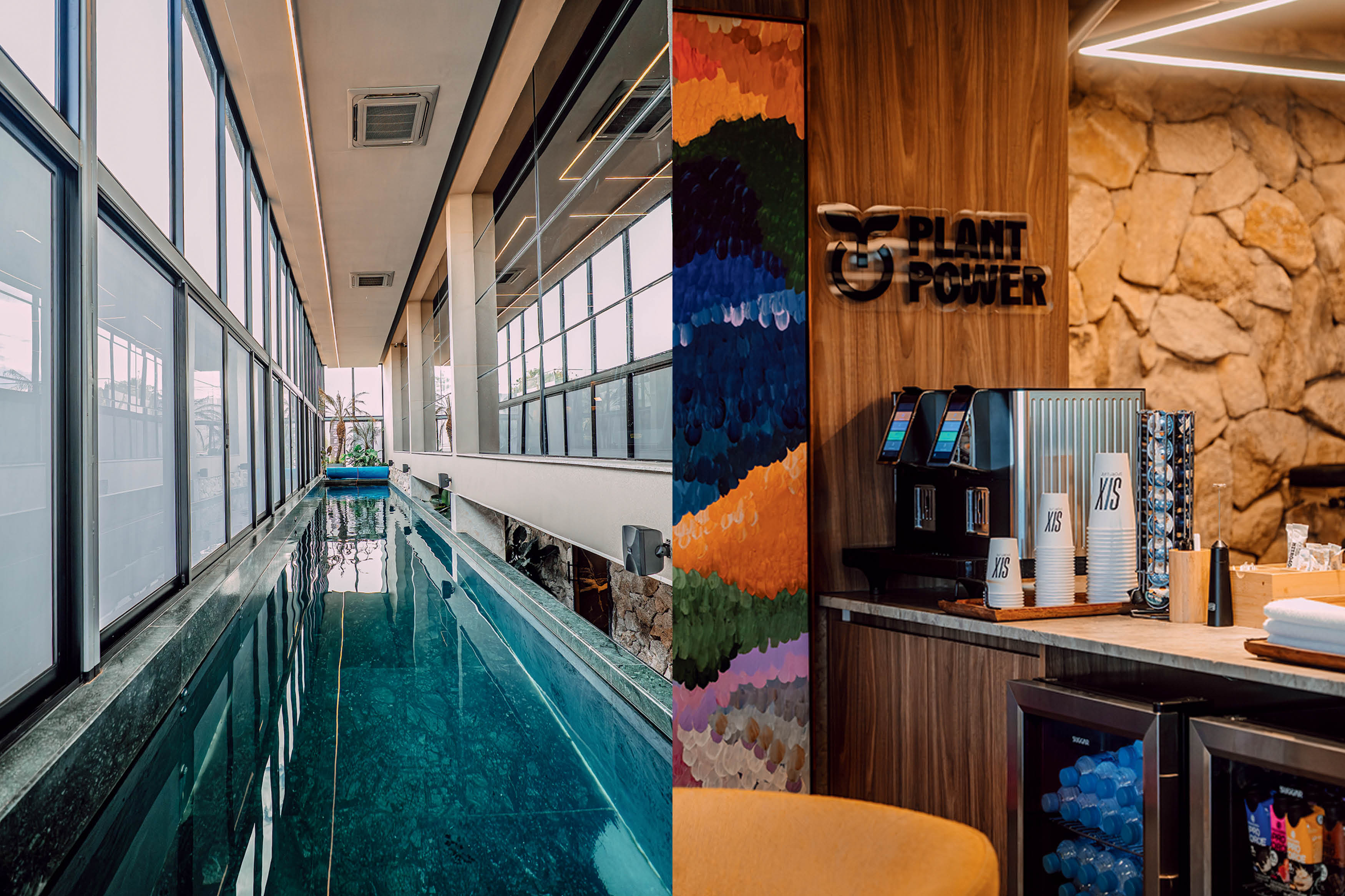 Piscina com raia ol&iacute;mpica e bancada de caf&eacute;