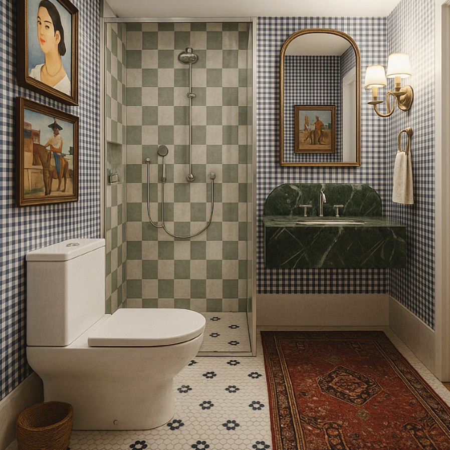 Banheiro com azulejos qiuadriculados e papel de parede estampado