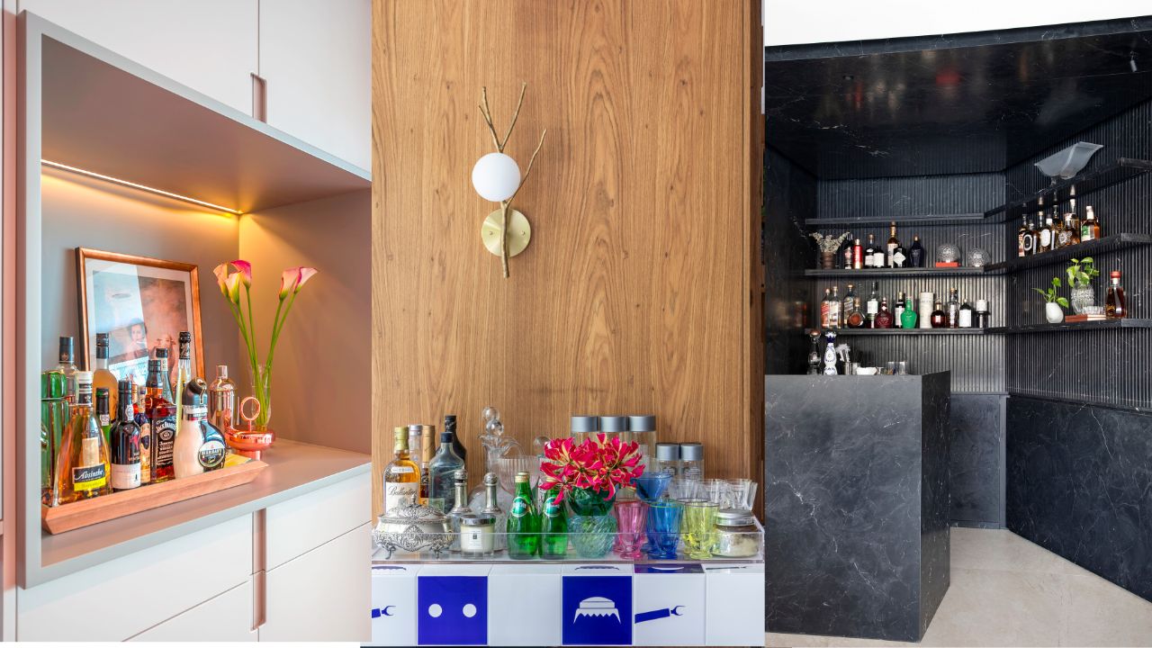 Três fotos de cantinho do bar projetados em casa