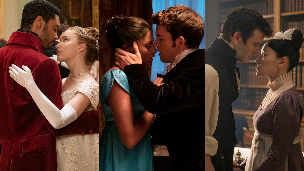Montagem dos três casais protagonistas das temporadas de Bridgerton