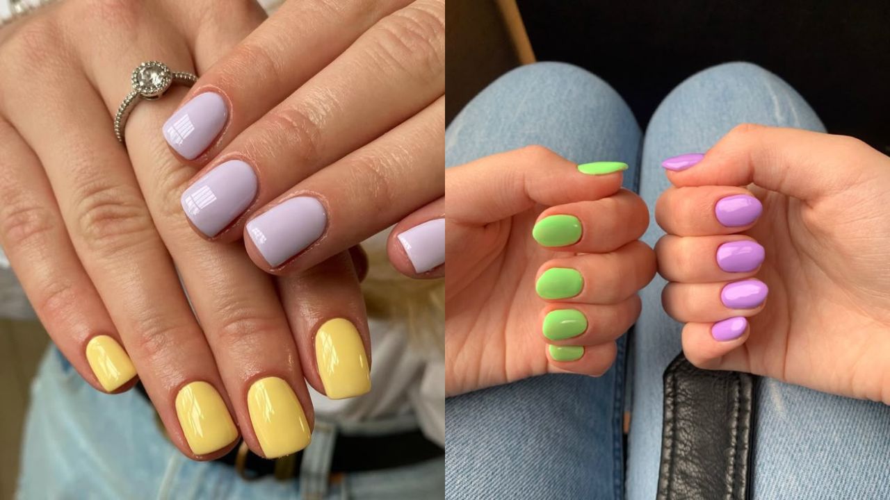 M&atilde;os com unhas pintadas em tons pastel, combinando lil&aacute;s e amarelo em um estilo delicado e moderno de unhas descombinadas. Ao lado, outra imagem mostra unhas verdes e lil&aacute;s em cores alternadas, refor&ccedil;ando a tend&ecirc;ncia de misturar tons diferentes em cada dedo