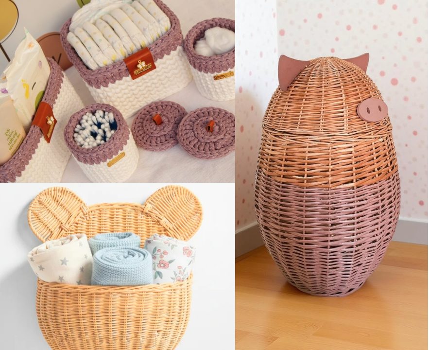 Cestos infantis feitos com materiais naturais