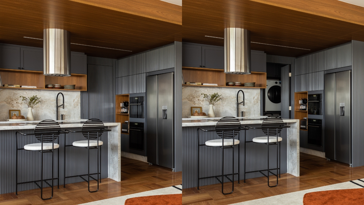 Duas fotos tiradas no mesmo &acirc;ngulo de cozinha mostram antes de depois das portas abertas para a lavanderia