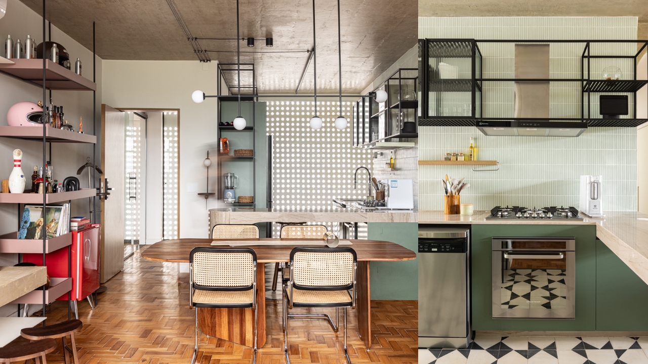 Duas fotos de cozinha retr&ocirc; com detalhes em cimento aparente