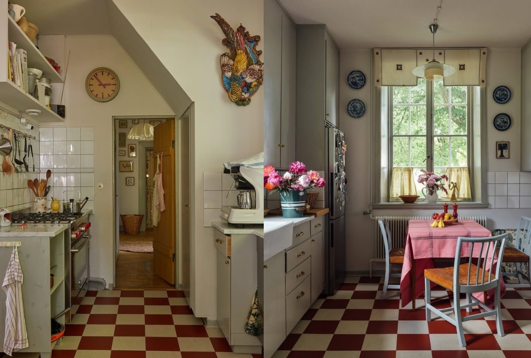 Cozinha vintage com piso quadriculado vermelho e branco e decora&ccedil;&atilde;o retr&ocirc;