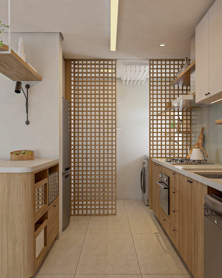 Cozinha e lavanderia divididas por biombo de muxarabi