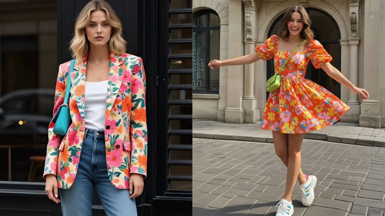 Mulher usando blazer com estampa floral vibrante em tons de rosa, laranja e verde, combinado com camiseta branca b&aacute;sica e jeans. A produ&ccedil;&atilde;o mistura alfaiataria com tropicalidade, criando um contraste moderno e sofisticado. Na segunda imagem do mesmo bloco, um vestido curto rodado com flores grandes e coloridas refor&ccedil;a a est&eacute;tica alegre, finalizado com t&ecirc;nis e bolsa verde.