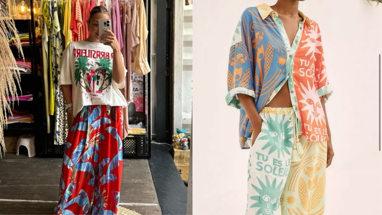 Produ&ccedil;&atilde;o com camiseta oversized combinada a saia longa vermelha com folhagens grandes, evocando clima de ver&atilde;o e litoral. Ao lado, conjunto amplo com camisa e cal&ccedil;a em tons pastel e ilustra&ccedil;&otilde;es de sol, ondas e elementos gr&aacute;ficos que remetem ao ver&atilde;o latino, com tecidos leves e modelagem confort&aacute;vel.