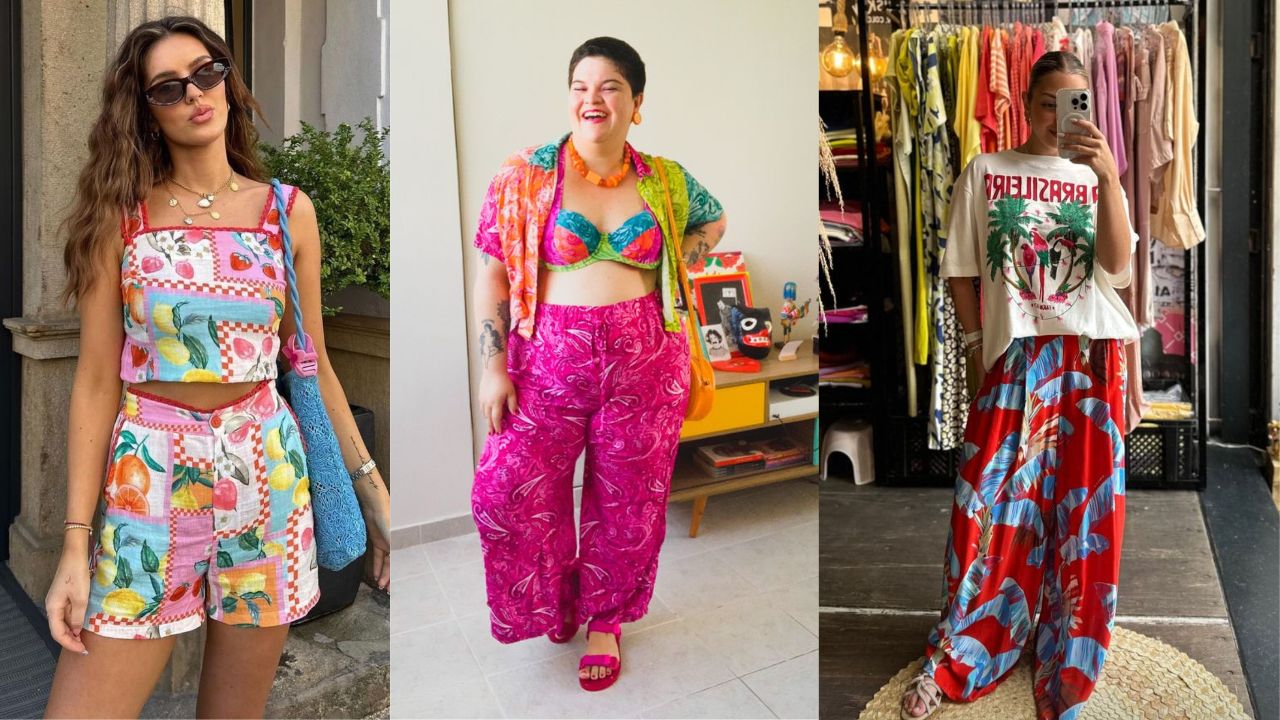Montagem com três produções: conjunto frutal cropped e short, look pink vibrante com top estampado e calça ampla, e combinação de camiseta com saia longa de folhagens oversized. A imagem sintetiza a essência do Latina Core: cor, estampa, identidade e ousadia.