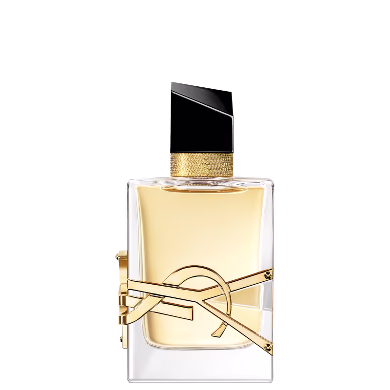 Imagem de perfume da Yves Saint Laurent com embalagem dourada e tampa preta