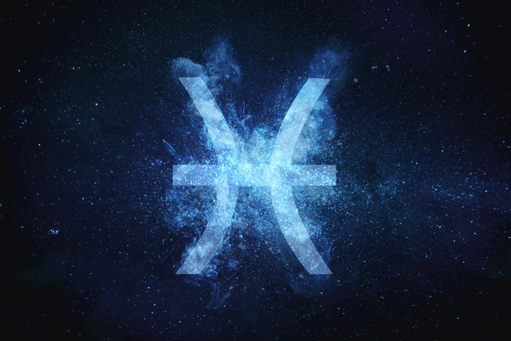 Fundo azul profundo repleto de estrelas, com o s&iacute;mbolo do signo de Peixes brilhando ao centro em tom azulado transl&uacute;cido, como se fosse feito de luz e part&iacute;culas c&oacute;smicas. A imagem refor&ccedil;a o clima m&iacute;stico e sens&iacute;vel associado ao per&iacute;odo de Merc&uacute;rio Retr&oacute;grado em Peixes.