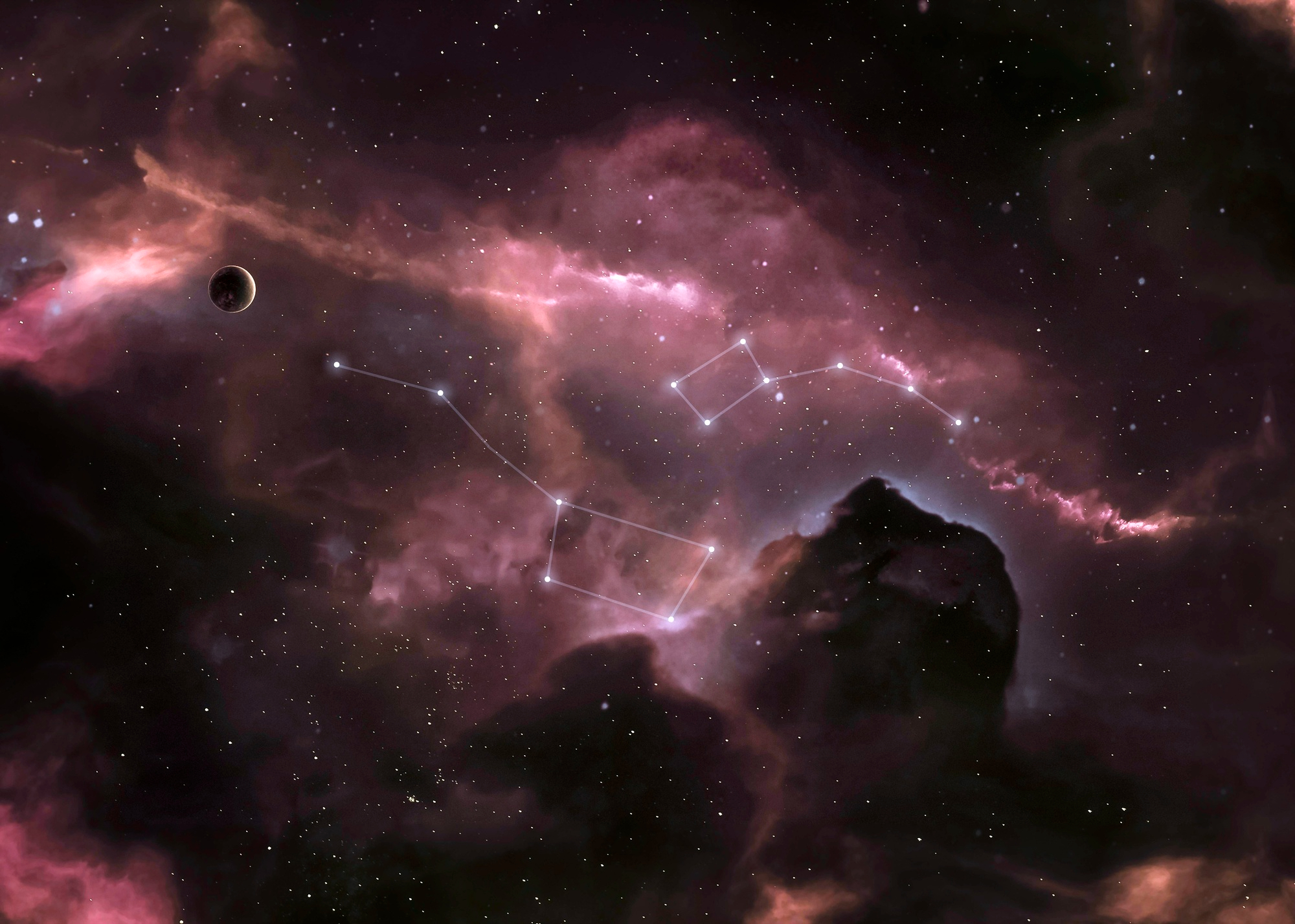 Imagem do espa&ccedil;o com uma nebulosa em tons de rosa e roxo atravessando o c&eacute;u estrelado. No centro, linhas conectam estrelas formando uma constela&ccedil;&atilde;o destacada. &Agrave; esquerda, um pequeno planeta escuro aparece parcialmente iluminado. A cena transmite mist&eacute;rio, introspec&ccedil;&atilde;o e movimento c&oacute;smico.