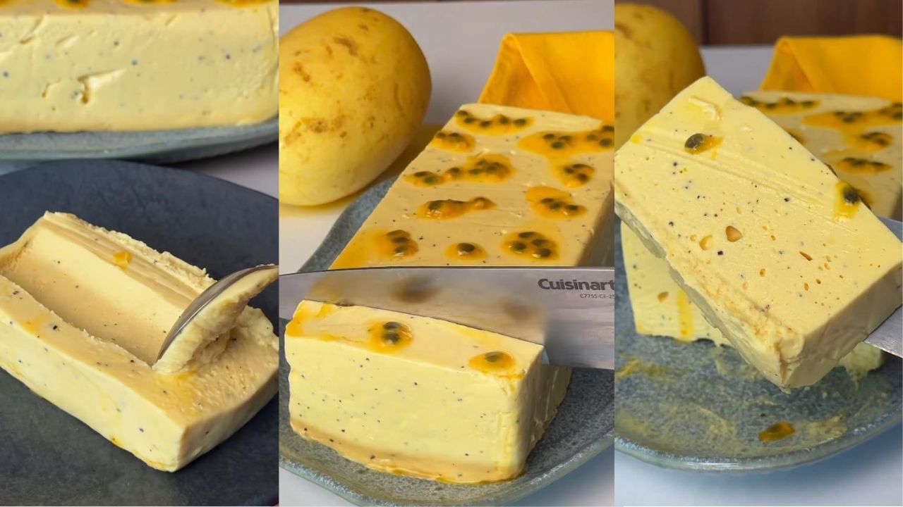 Três fotos em close de mousse de maracujá de corte