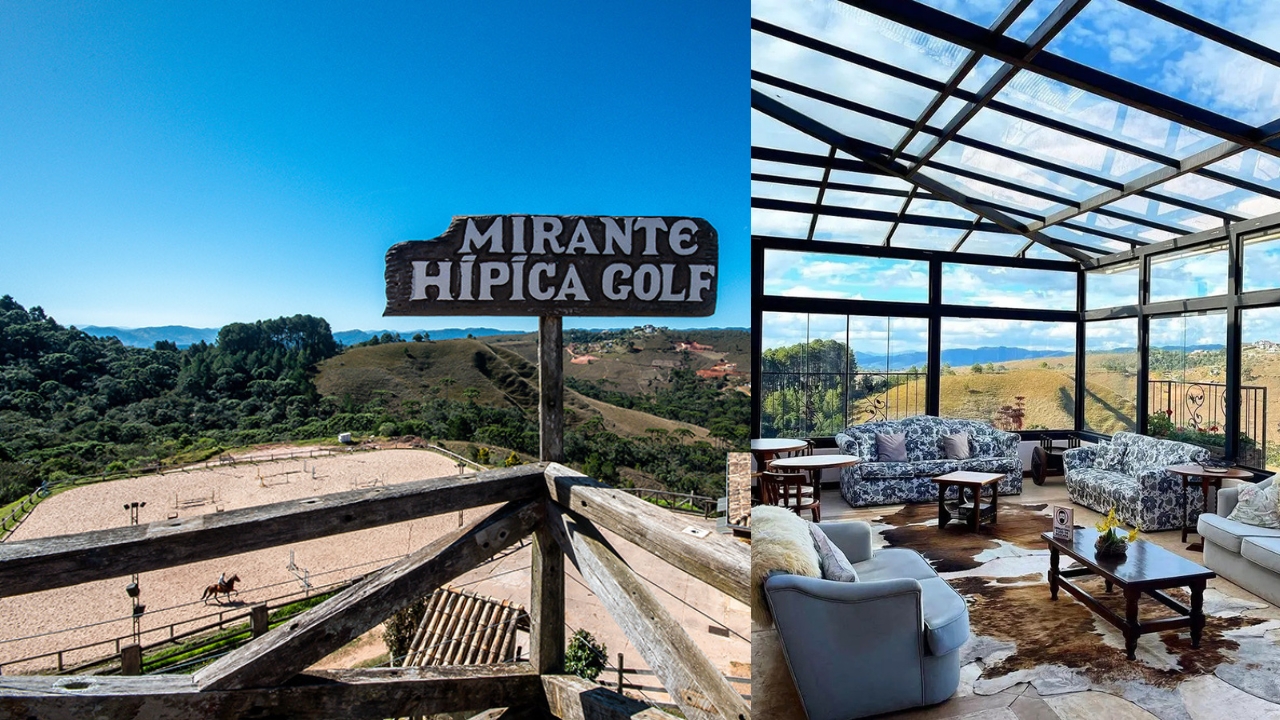 Vista de sacada com placa e restaurante sob teto de vidro