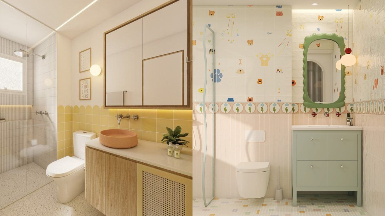 Dois banheiros infantis com revestimentos coloridos nas paredes