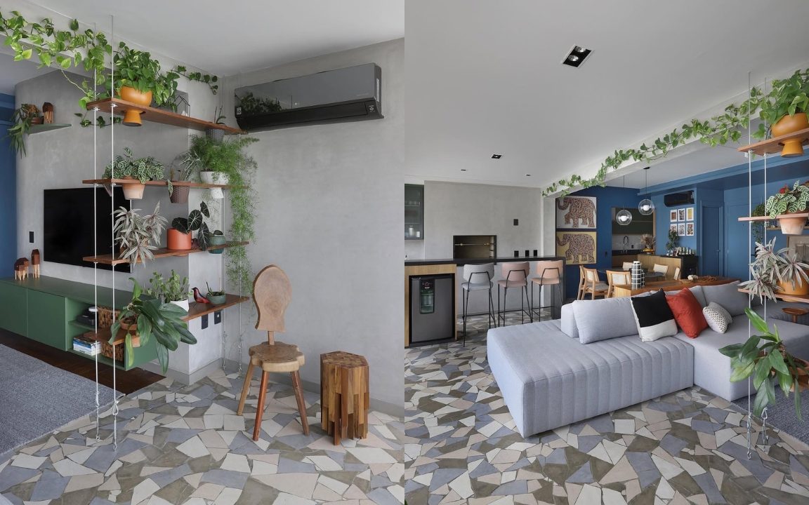 Sala de estar e TV com piso de caquinho cinza e branco