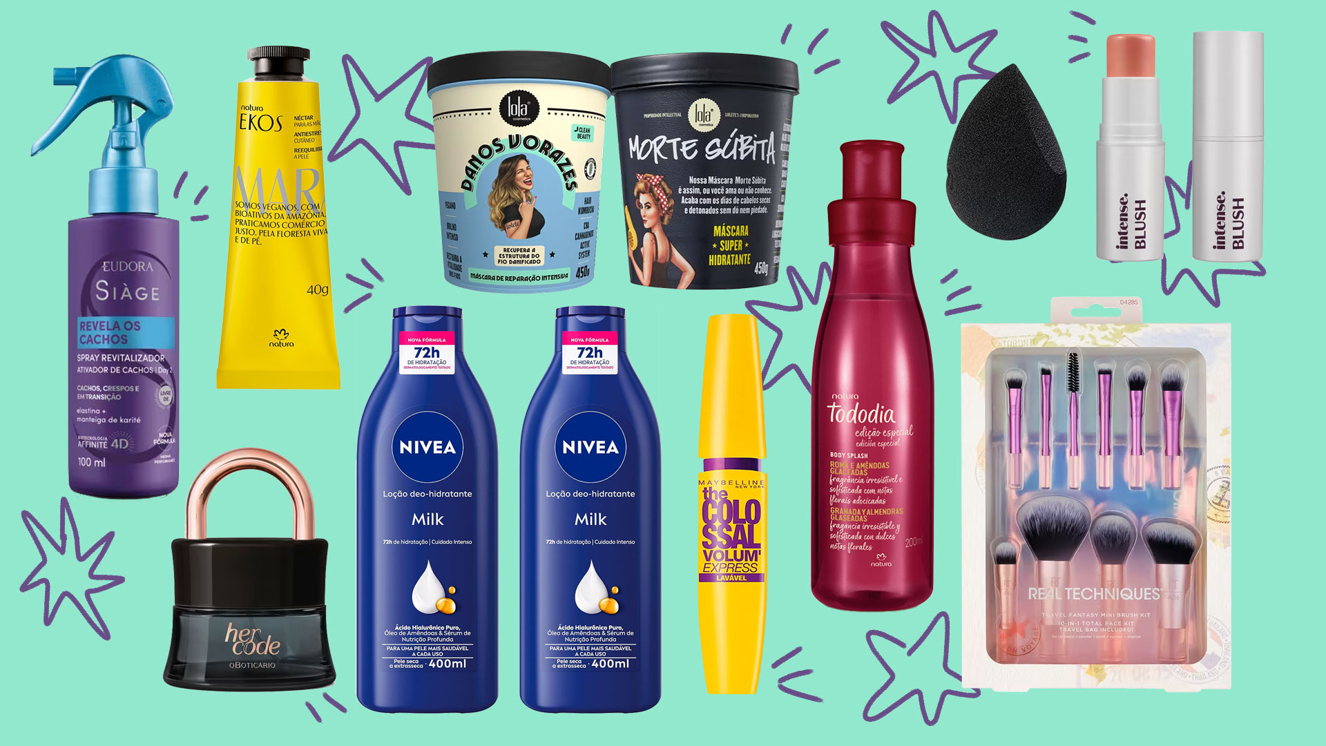 Imagem de fundo azul com 10 embalagens de produtos em promoção