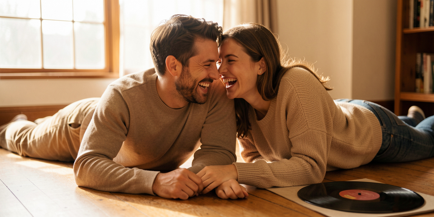 Homem e mulher deitados no chão ao lado de um disco de vinil, rindo juntos em ambiente com luz dourada, simbolizando amor, nostalgia, música e lembranças de um romance que permanece na memória.