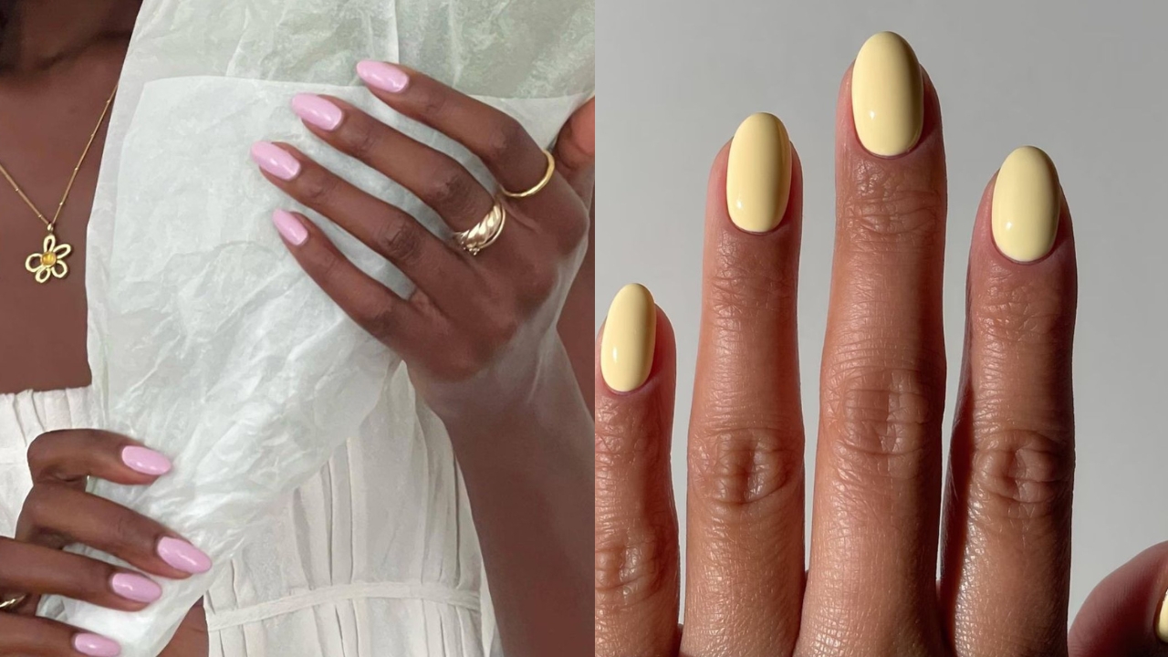 Close em m&atilde;os de duas mulheres com esmaltes lavanda e amarelo, ambos em tonalidades past&eacute;is