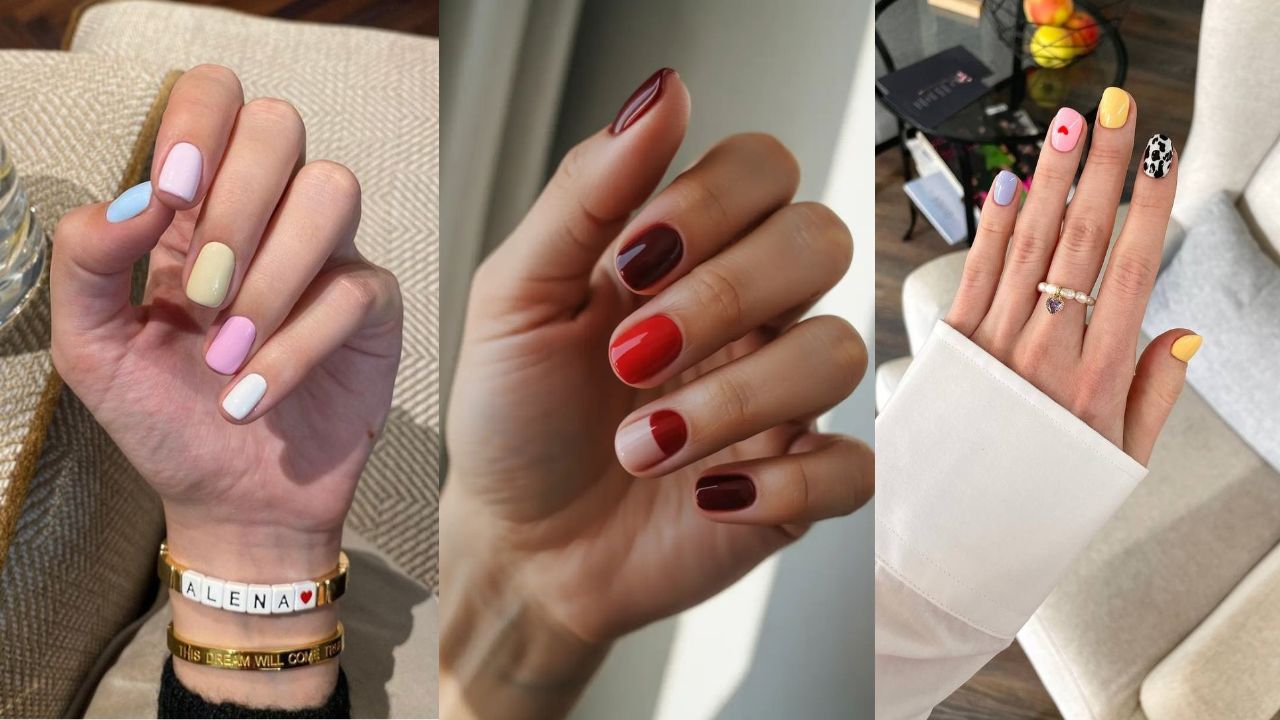 Montagem com três estilos de unhas descombinadas: esmaltação em tons pastel alternados, unhas em vermelho e vinho com detalhes “meio a meio” e unhas coloridas com desenhos e estampas diferentes, ilustrando a tendência de misturar cores e nail arts sem regras fixas.