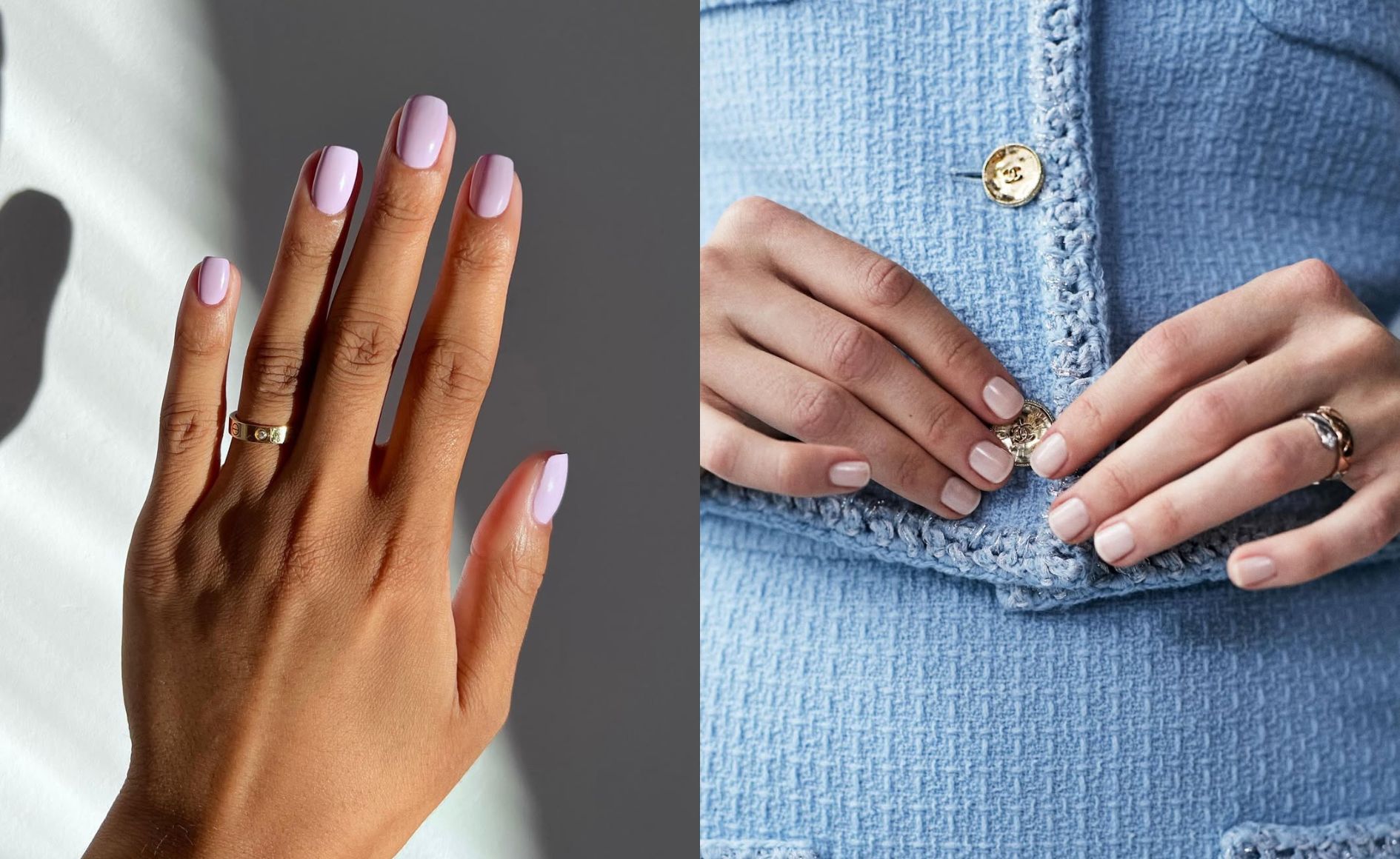 Colagem com duas fotos. A primeira mostra uma mão com unhas coloridas de rosa. A segunda mostra uma mão com unhas coloridas de nude